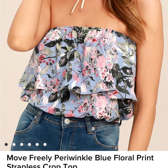Lulus Move Freely Periwinkle Blue Floral Print Strapless Crop Top-Md - Picture 5 of 11